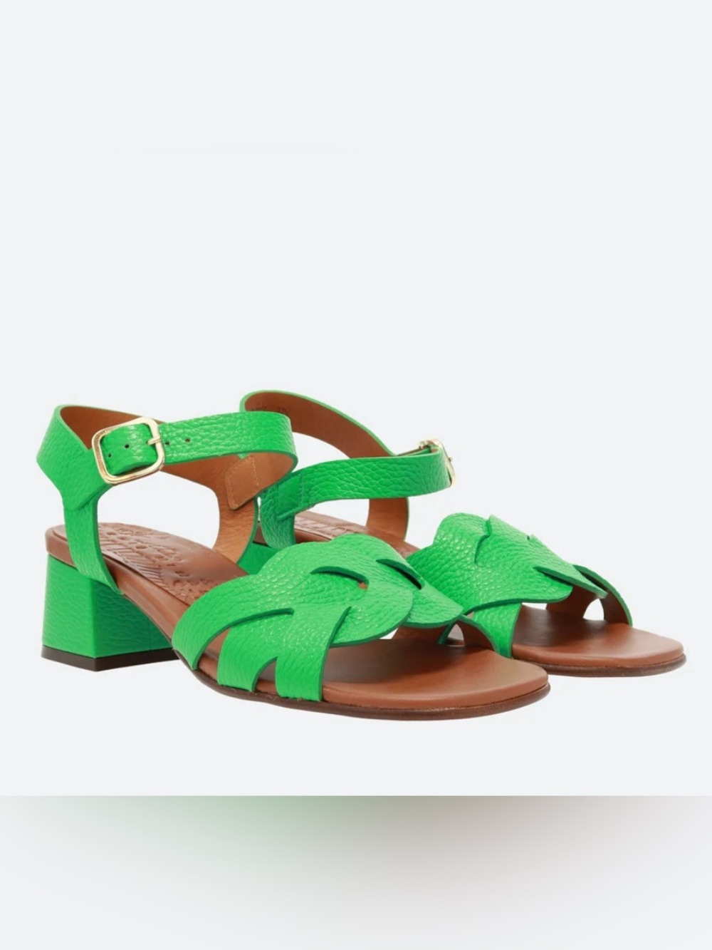 Chie Mihara Bright Green Leather Low Block Heel Sandals